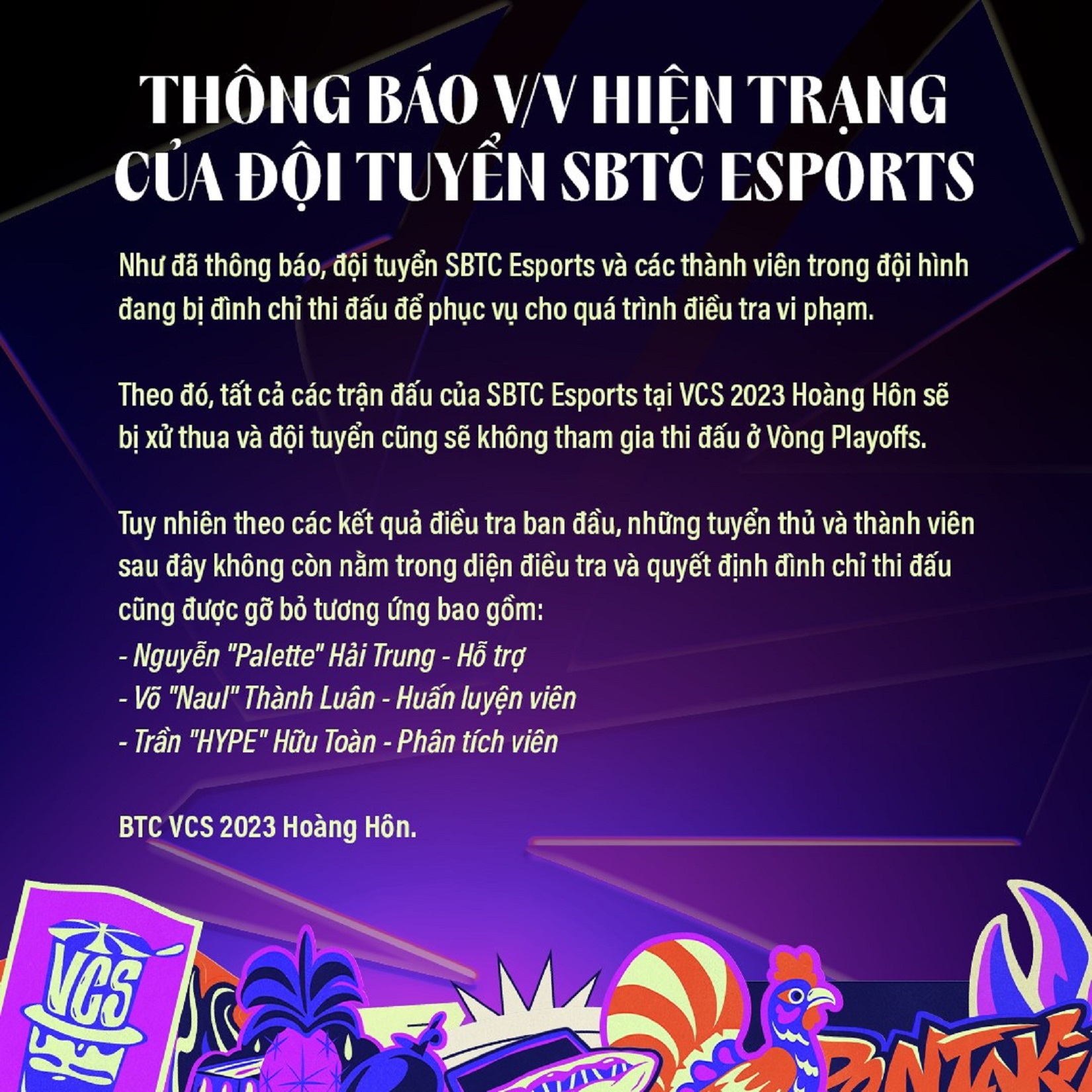 VCS Hoàng Hôn 2023 BTC đưa ra thông báo về SBTC Esports duy nhất