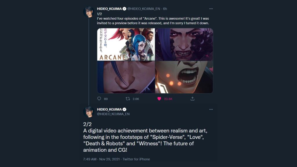 Hideo Kojima khen ngợi phim hoạt hình đầu tay của Riot Games: ‘Arcane sẽ là tương lai của hoạt hình và đồ họa kỹ thuật số’ ARCANE