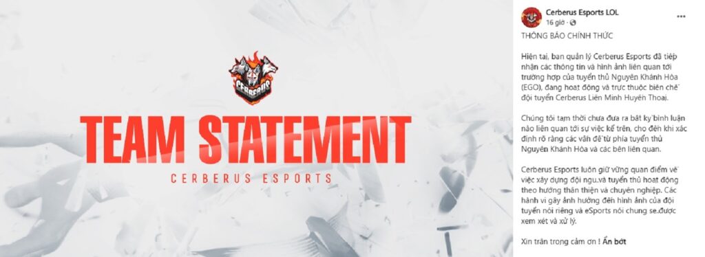 LMHT: Cerberus Esports lên tiếng về 'lùm xùm' giữa EGO và Zeros, sự nghiệp của EGO liệu có bị ảnh hưởng?