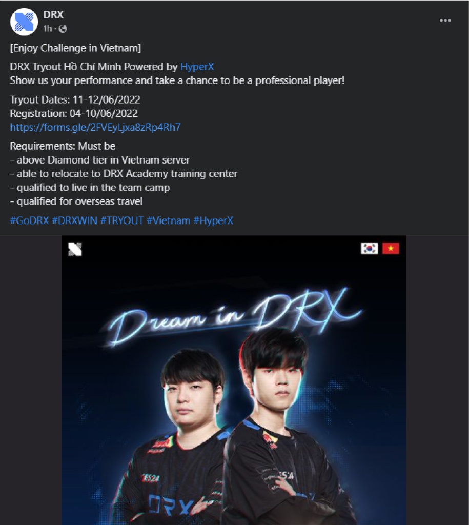 DRX tổ chức chương trình tuyển chọn 'Dream in DRX' tại Việt Nam DRX