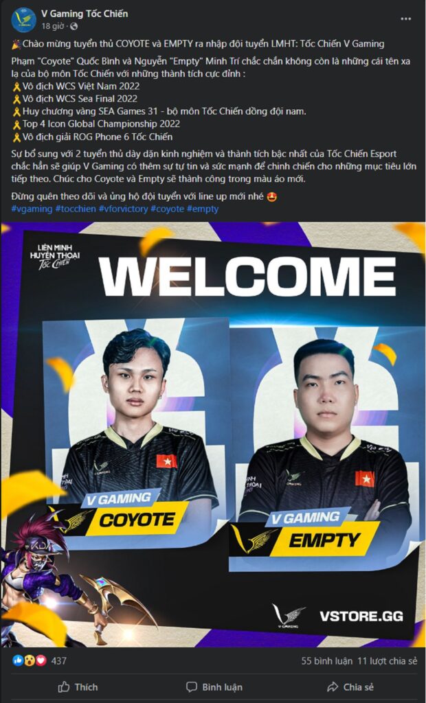 Tốc Chiến: Coyote và Empty gia nhập V Gaming sau khi chia tay Team Flash Tốc Chiến